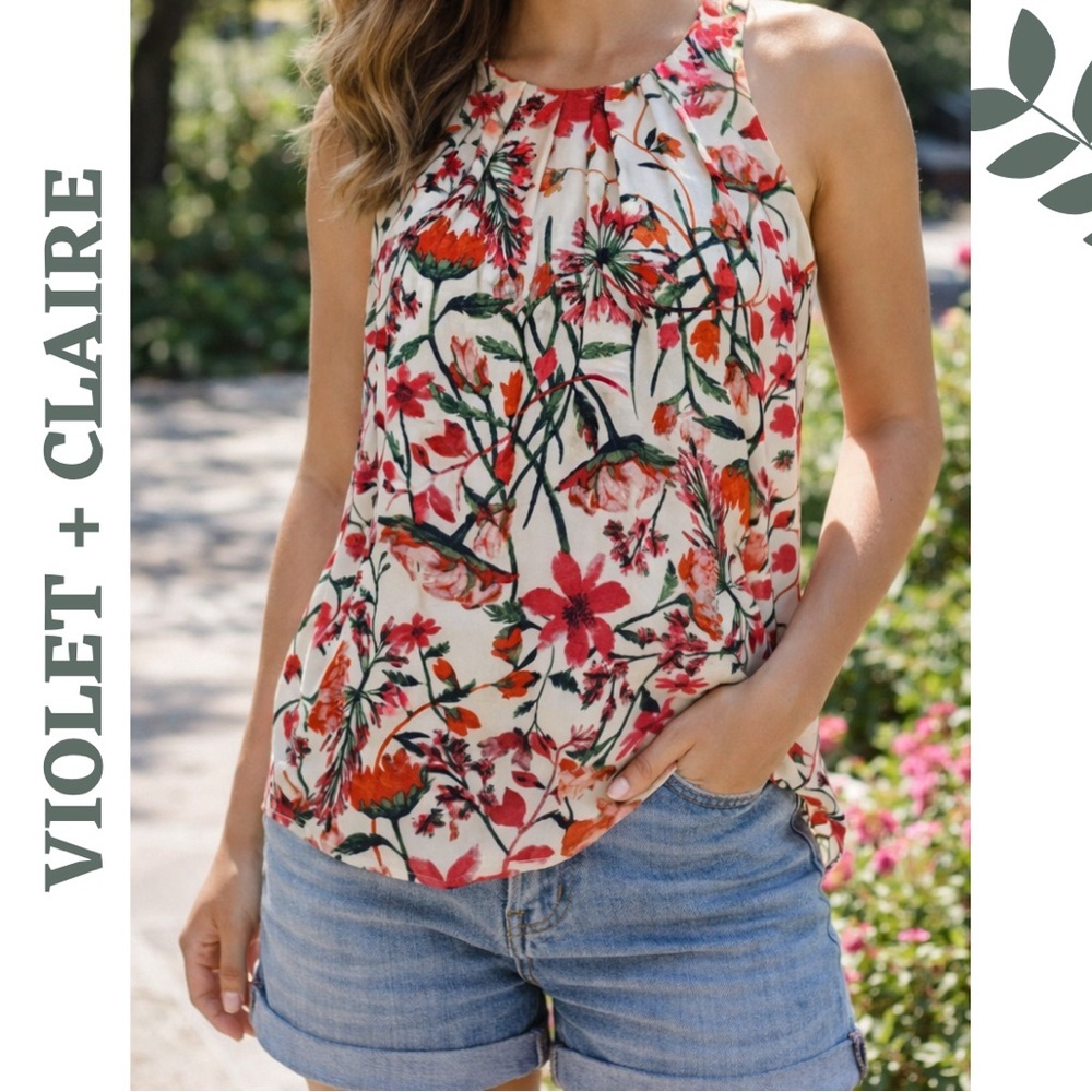 Violet + Claire Floral Sleeveless Blouse XL Cream Red Green